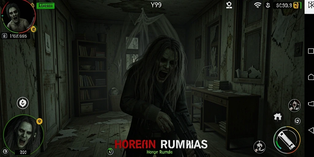 Antarmuka Y89 menampilkan suasana mencekam di dalam rumah horor.